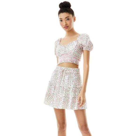 Alice and Olivia Vinita Pink Floral Drawstring Ruffle Mini Skirt